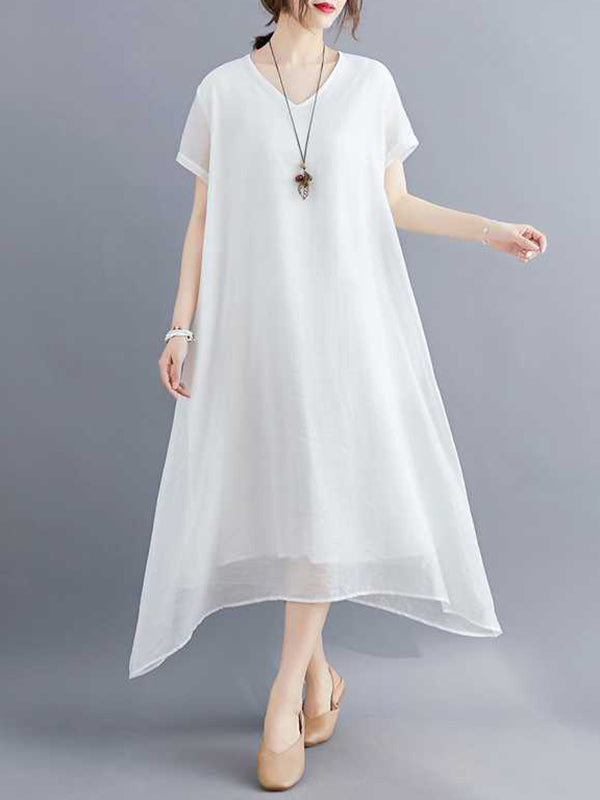 A-line Loose Color V-neck Midi Dresses