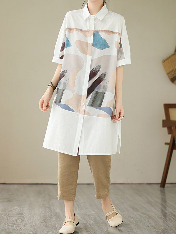 Loose Short Sleeves Printed Split-joint Split-side Lapel Midi Dresses