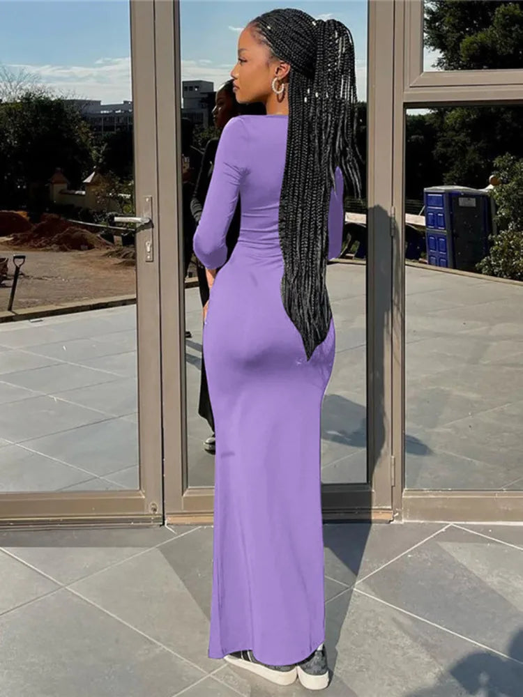 Square Collar Long Sleeve Long Dress for Gown Autumn Bodycon Maxi Dress Clubwear