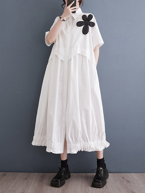 Loose Short Sleeves Elasticity Pleated Split-joint Lapel Midi Dresses