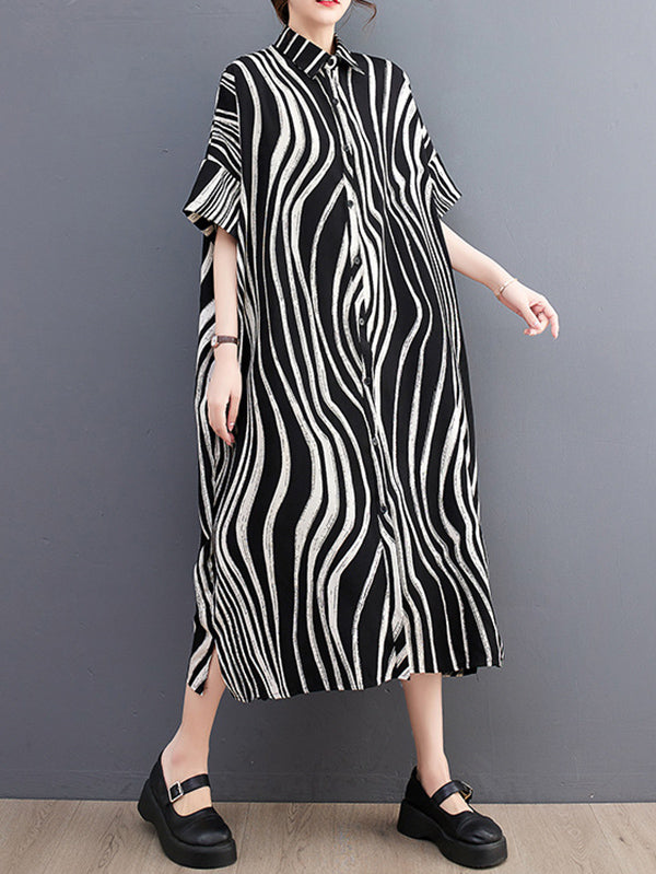 Raglan Sleeve Oversize Zebra-stripe Split-joint Lapel Midi Dresses Shirt Dress