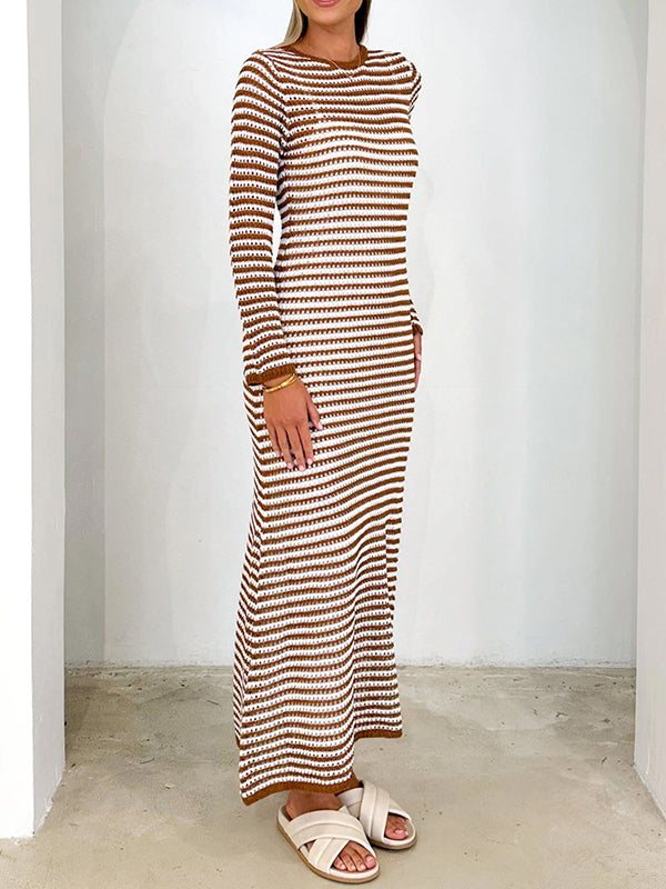 High Waisted Long Sleeves Contrast Color Striped Tied Round-neck Midi Dresses Sweater Dresses