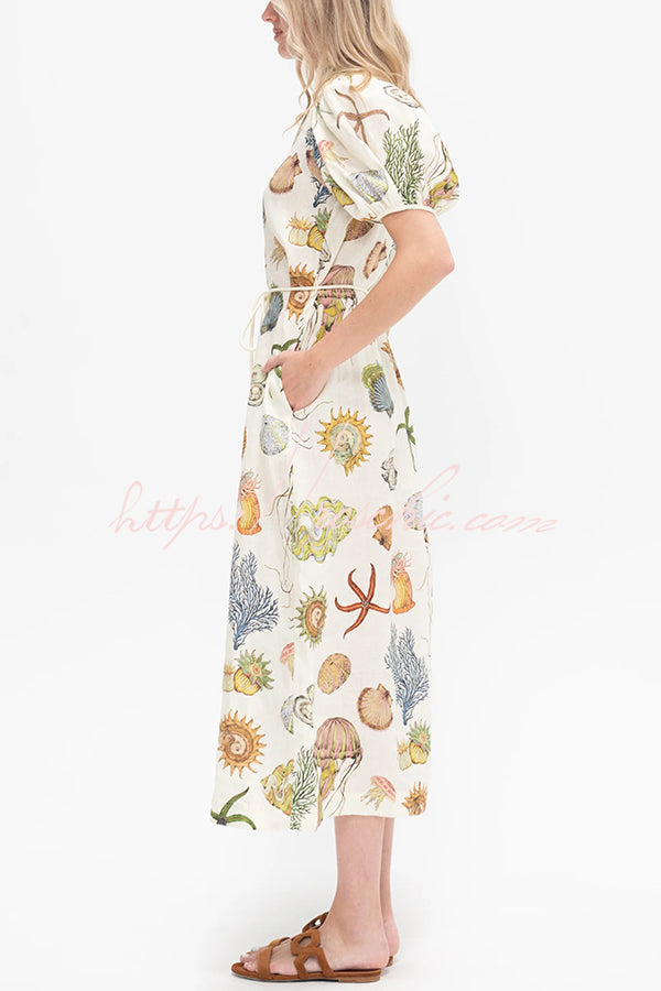 Beach Shell Print Puff Sleeve Tie-waist Midi Dress