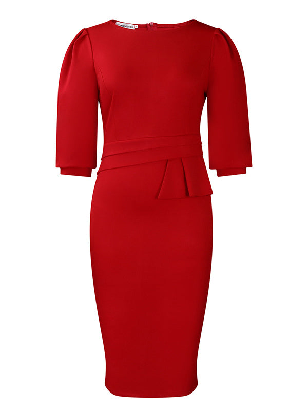 Bodycon Half Sleeves Pleated Color Split-back Split-joint Zipper Round-neck Midi Dresses