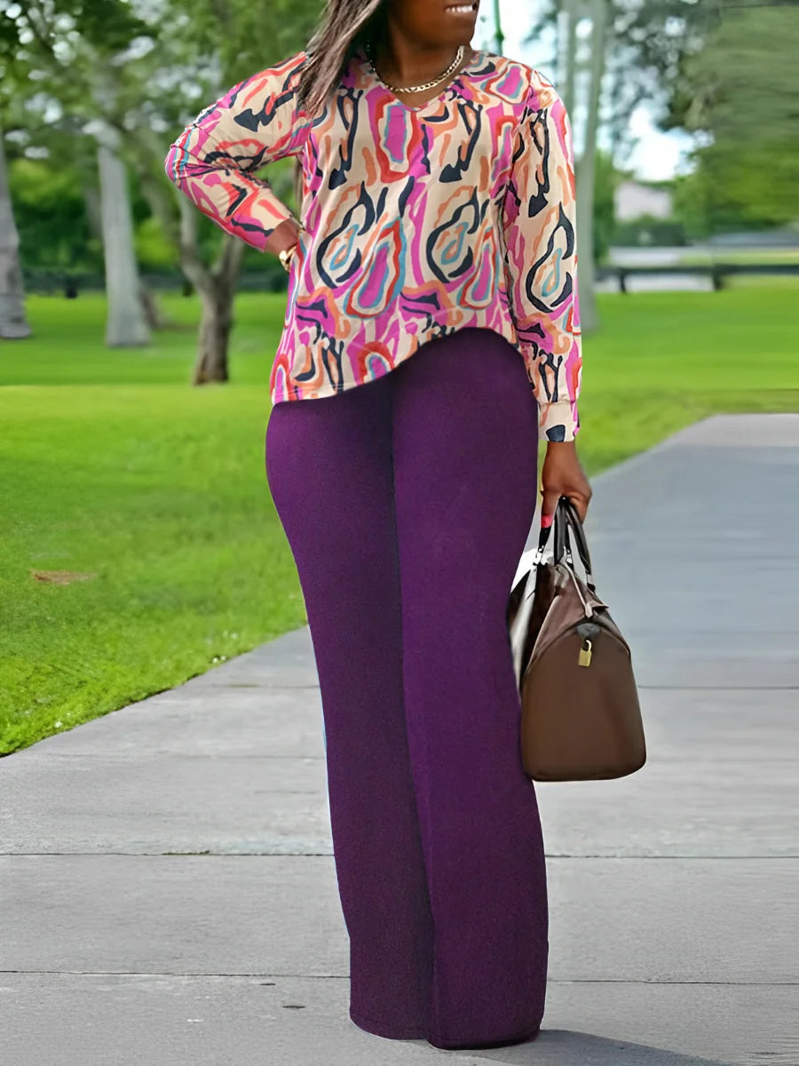 V Neck Mixed Print Side Split Pants Set Long Sleeve Top Loose Two Piece Set Outfit