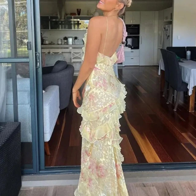 V-neck Backless Sleeveless Long Dresses Fashionable High Waist Slim Party Dress Print ’s Evening Dress