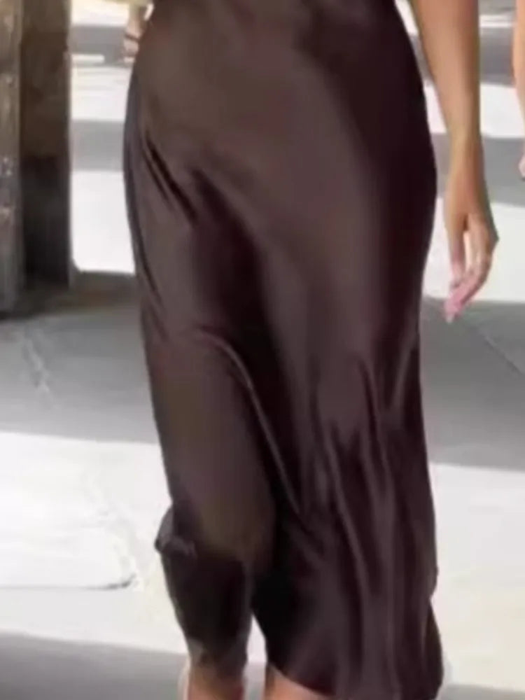 ’s Satin Sleeveless Midi Dress Color O Neck Slim Fit Dresses Female Stylish Street Party Vestido