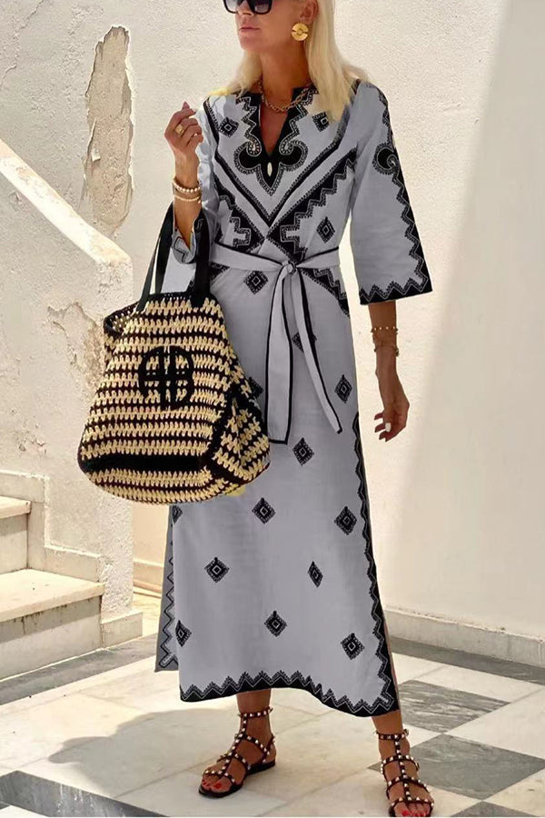 Quiet Atmosphere Linen Blend Print Belted Midi Dress