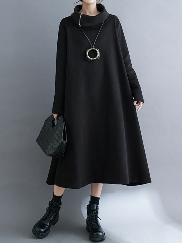 A-line Long Sleeves Asymmetric Color Zipper High Neck Midi Dresses