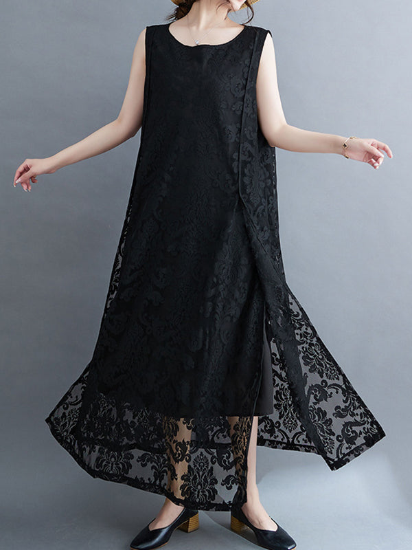 A-line Loose Lacy See-through Color Split-side Round-neck Midi Dresses