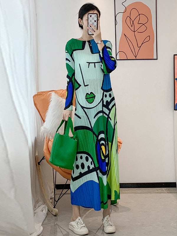 Original Loose Long Sleeves Cartoon Face Printed Contrast Color Pleated Round-neck Midi Dresses