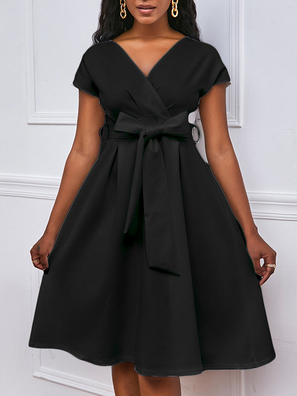 Bowknot Lace-up Color V-neck Midi Dresses
