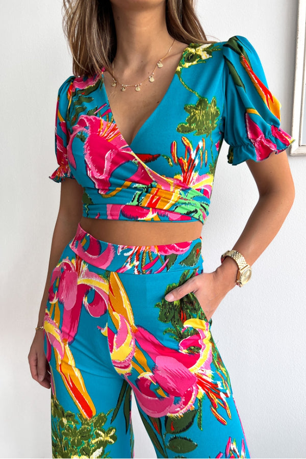 Print V Neck Short Sleeves Crop Top Elastic Waist Wide Leg Pants Set