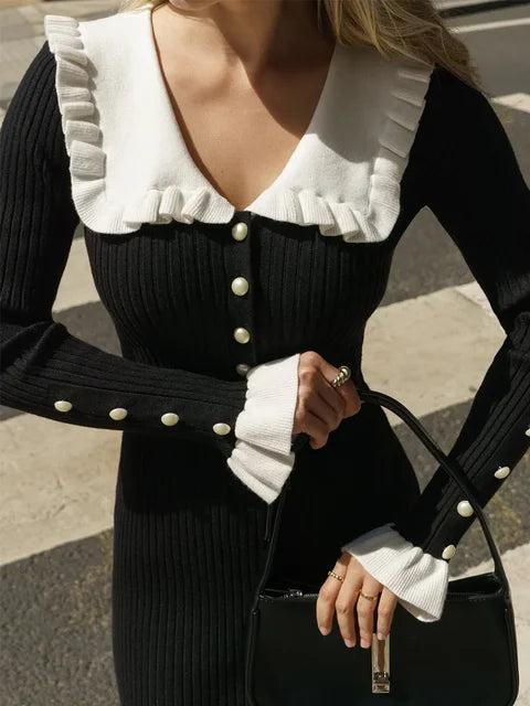 High Waist Ruffled Maxi Dresses for Autumn Winter Knitted Slim Long Dress ’s Dress Woman Retro