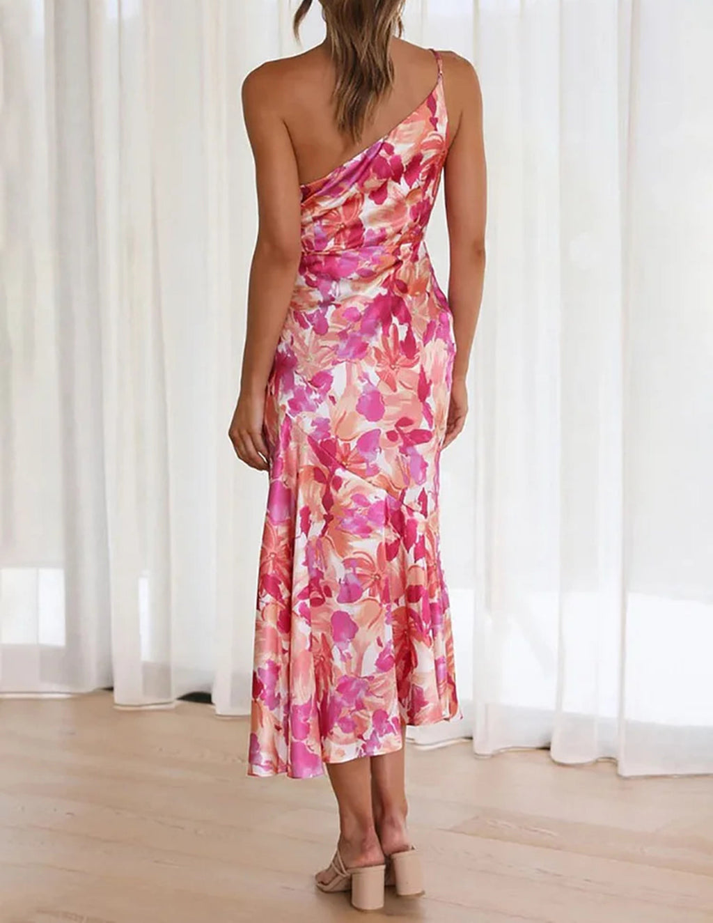 Pink One Shoulder Ruched Satin Dress