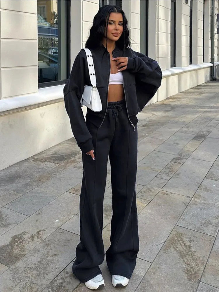 Lace Up Pant Sets Loose V Neck Cardigan Woman Autumn Winter Sports Pants 2 Piece Sets Outfits