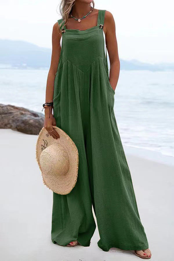 Button Suspender Wide Leg Line Jumpsuit