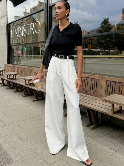 High Waist Pocket ’s Pants Y2k Outfit White Patchwork Wide Leg Trousers Autumn Loose Slim Female Pants