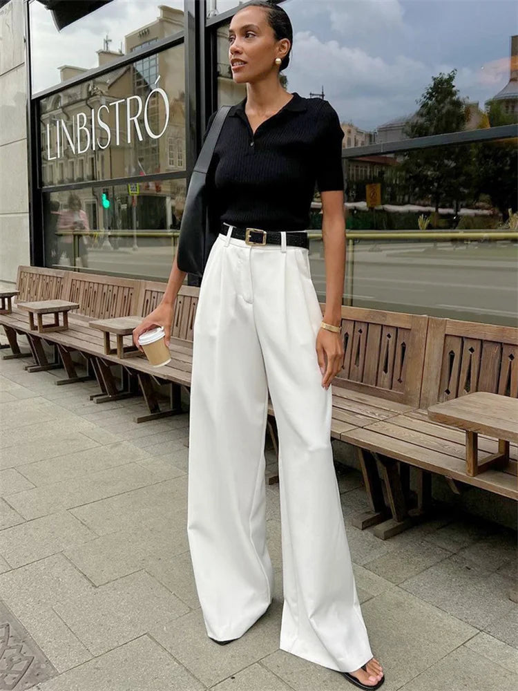 High Waist Pocket ’s Pants Y2k Outfit White Patchwork Wide Leg Trousers Autumn Loose Slim Female Pants