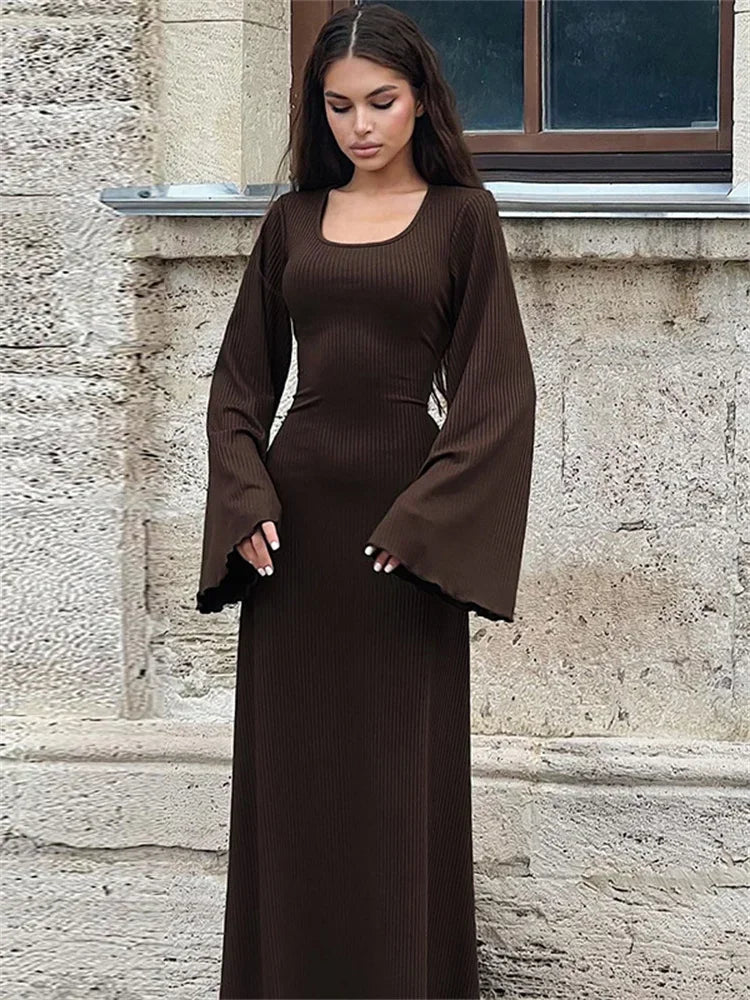 Scoop Neck Lace-up Ribbed Maxi Dress Female Long Sleeve Slim Loose Bandage Dress Autumn Dress New
