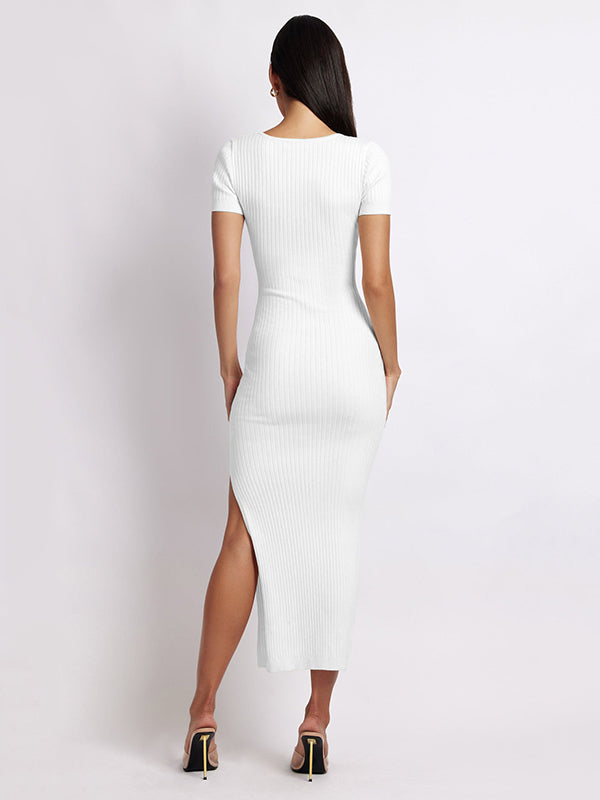 Simple Short Sleeves Skinny Color V-neck Midi Dresses