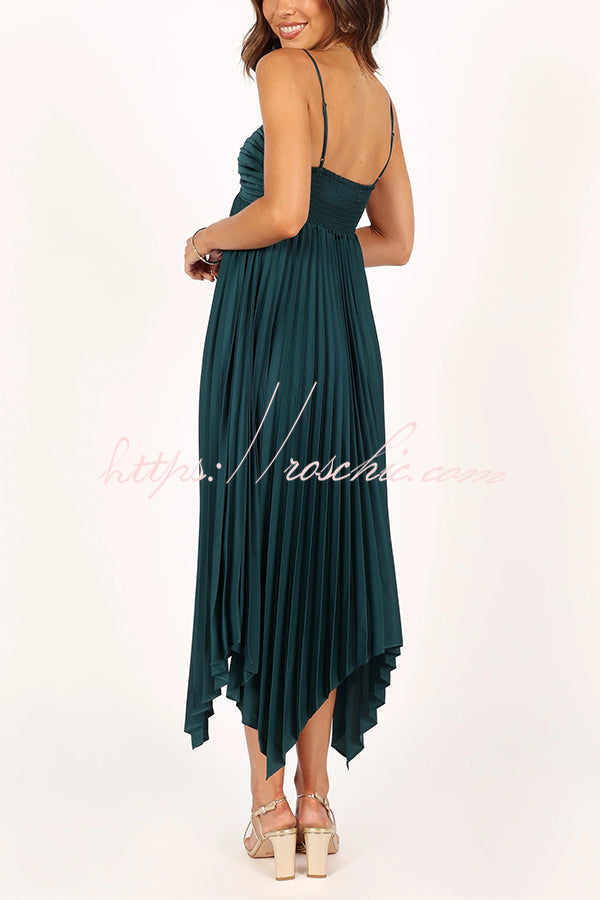 Color Suspender Pleated Irregular Midi Dress