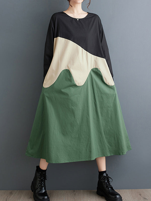 A-line Long Sleeves Asymmetric Contrast Color Split-joint Round-neck Midi Dresses