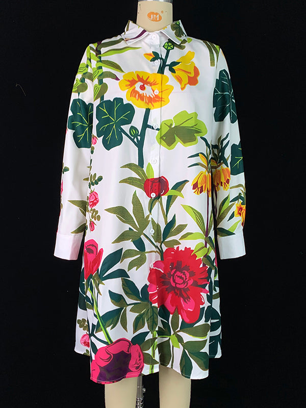 A-line Long Sleeves Flower Print Pockets Split-joint Lapel Midi Dresses