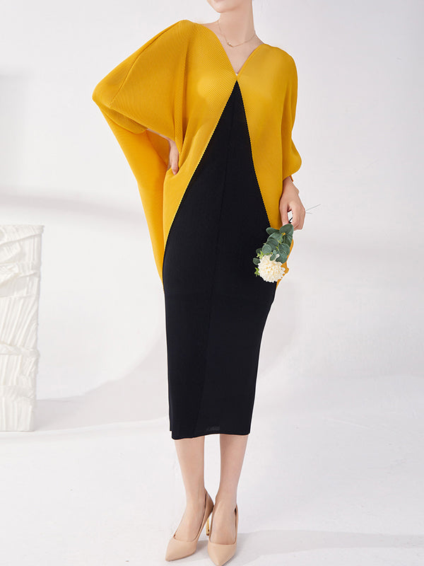 Batwing Sleeves Loose Contrast Color Pleated Round-neck Midi Dresses