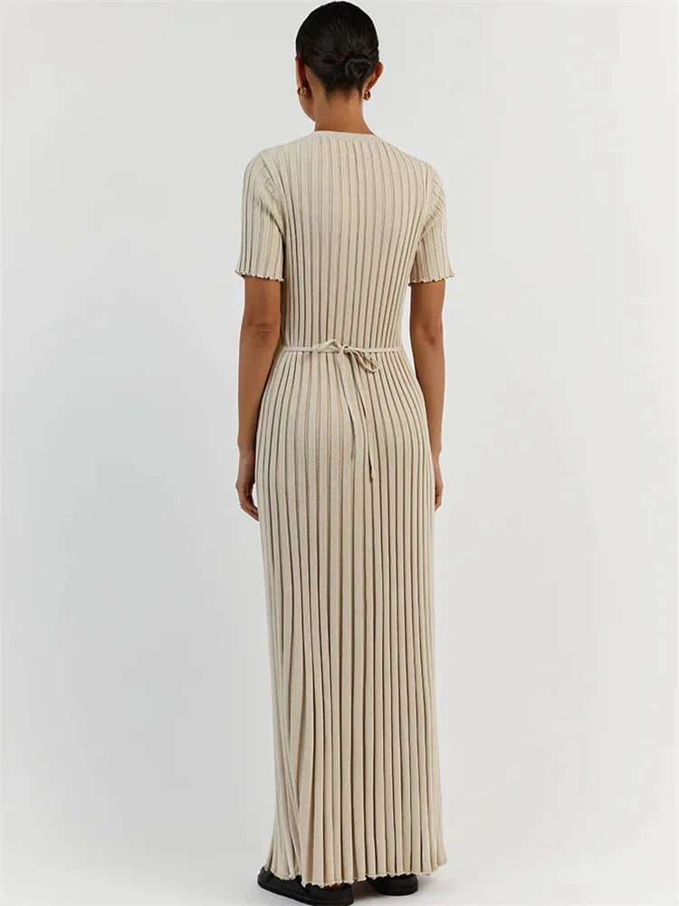Ribbed Short Sleeve Maxi Dress Knitwear Lace-up High Waist Patchwork Dress Autumn Female Knit Dress New