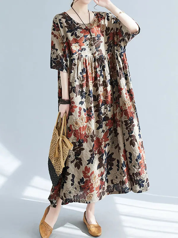 Loose Puff Sleeves Printed Round-neck Midi Dresses