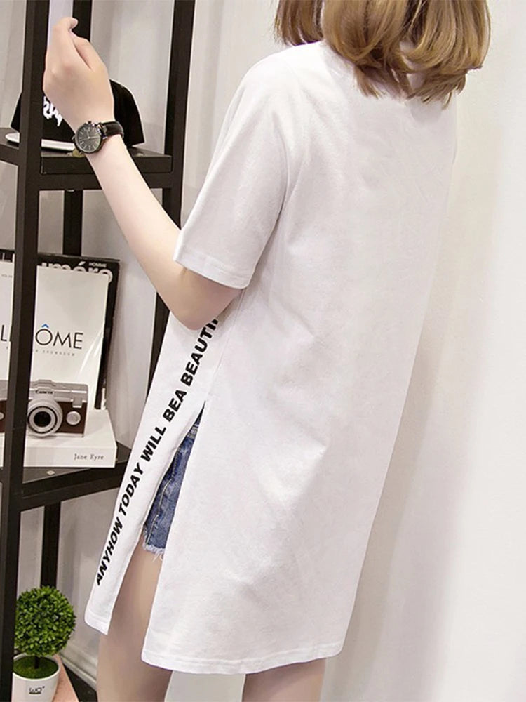 Wonderful Day Print Long T Shirts Summer Loose Slit Femme Tops Cotton Tshirt Short Sleeve T-shirt