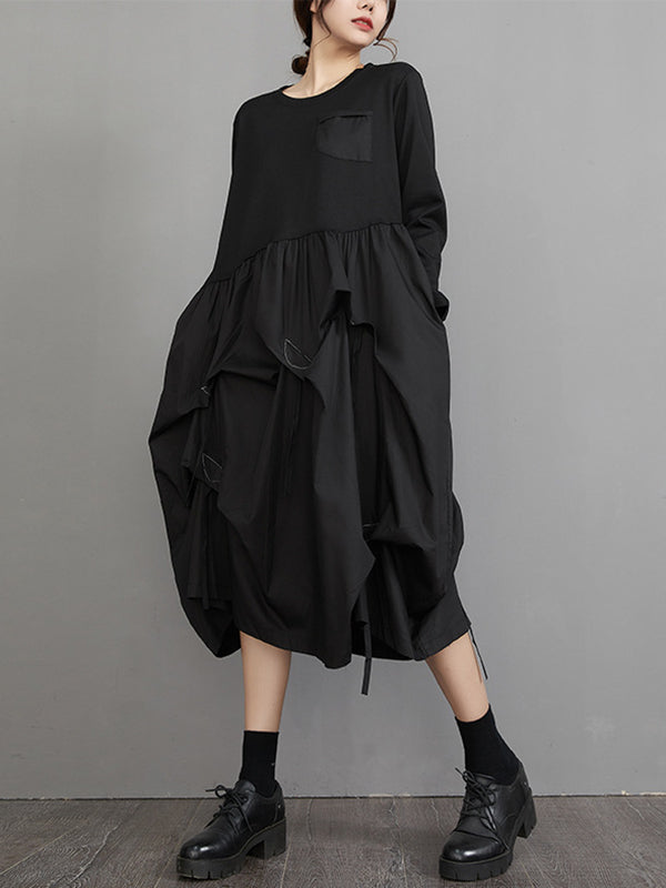 Long Sleeves Loose Split-joint Color Round-neck Midi Dresses
