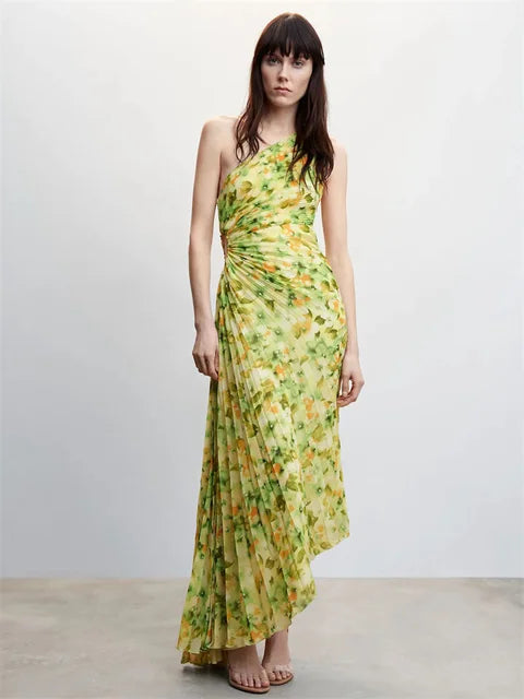 Female Dress Gown Pleated One-shoulder Sleeveless Summer Party Dress Slim for Maxi Dress