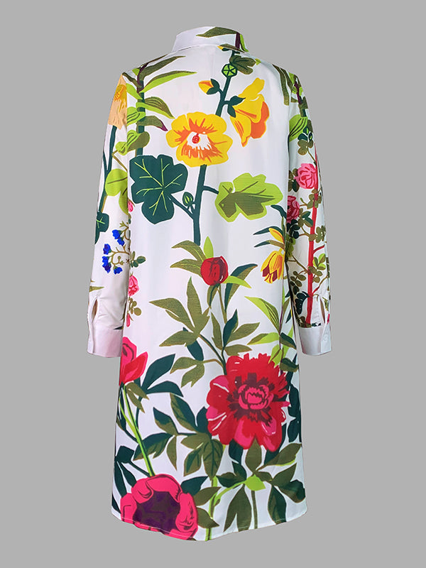A-line Long Sleeves Flower Print Pockets Split-joint Lapel Midi Dresses