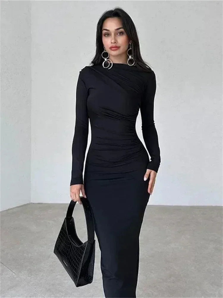 Pleated Autumn Dress Patchwork Long Sleeve Maxi Dress
