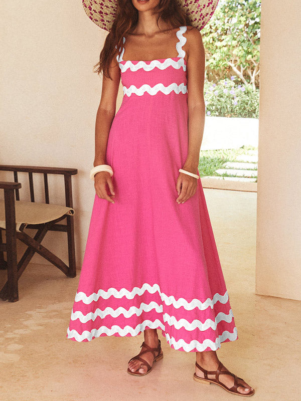 A-line High Waisted Contrast Color Zipper Square-neck Midi Dresses