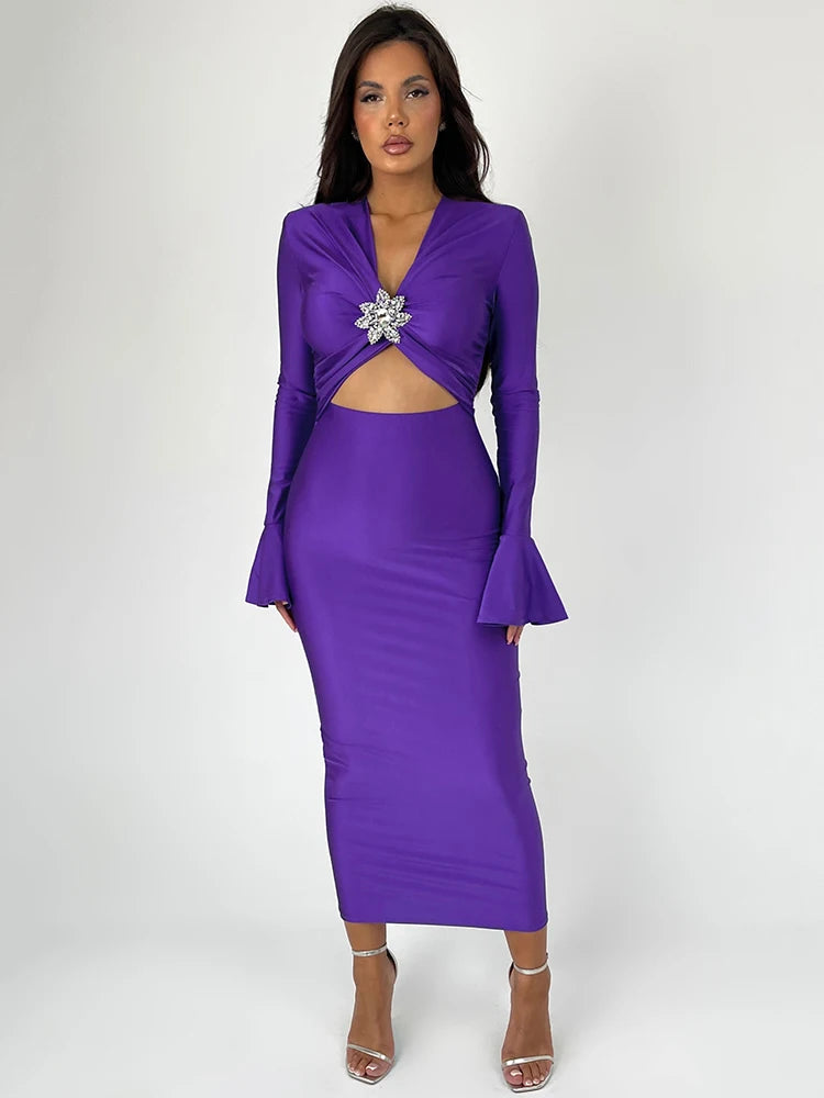 Hollow Out Maxi Dress for Spring New V Neck Long Flare Sleeve Bodycon Club Party Evening Dress