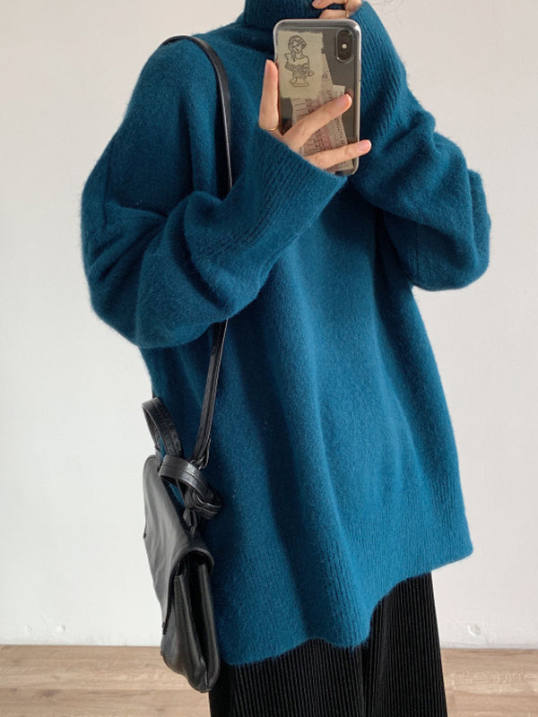 Red High Neck Split Hem Long Sleeve Sweater An1056