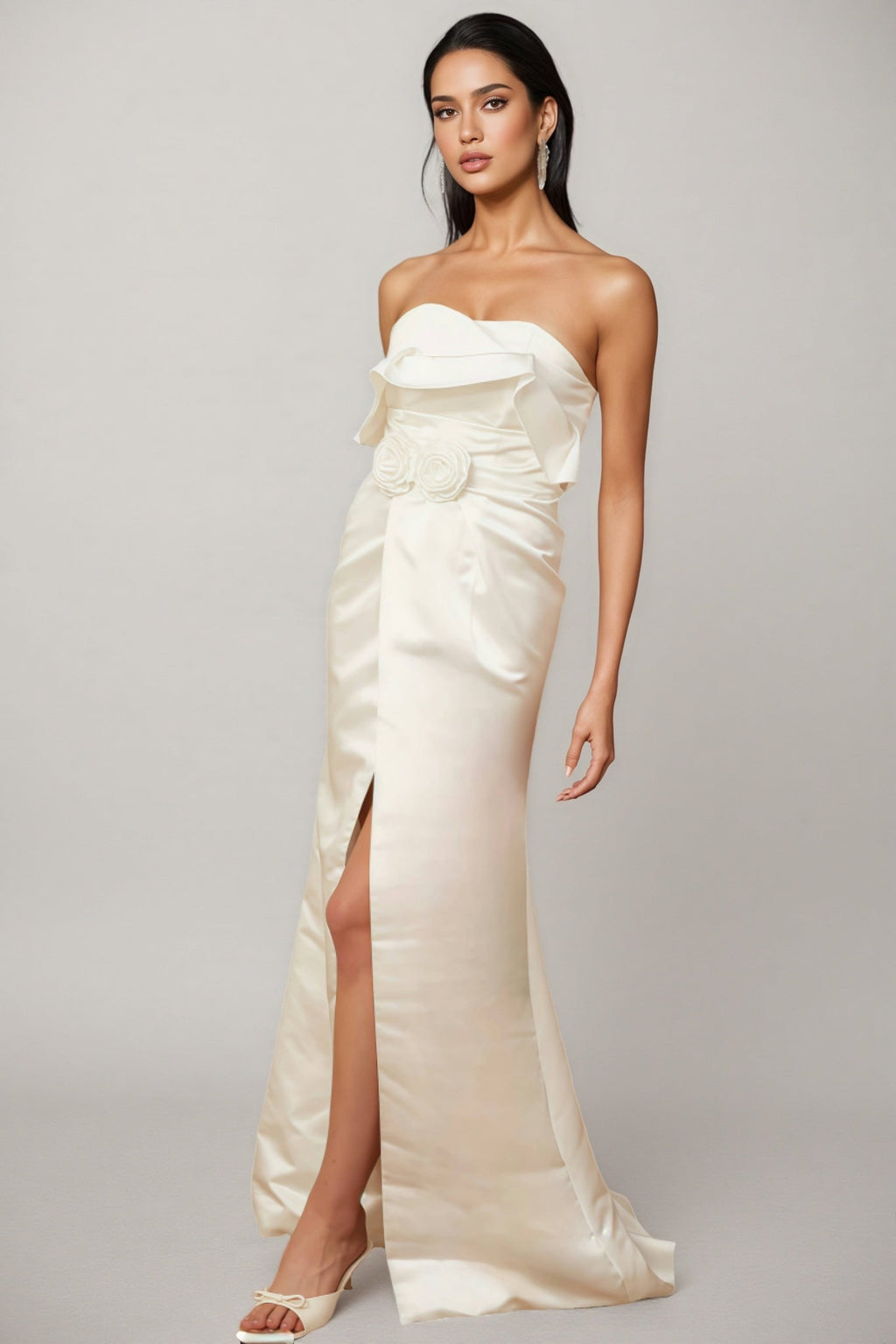 Jiusi White Appliqued Satin Maxi Dress