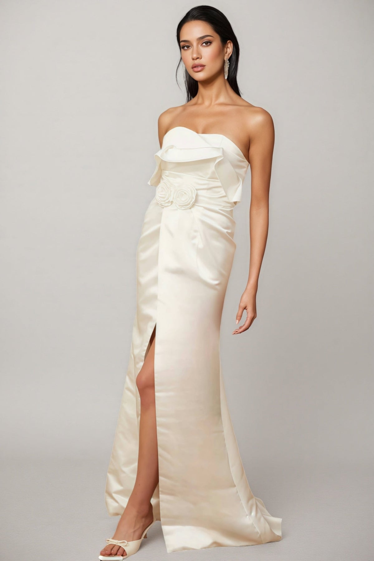 Jiusi White Appliqued Satin Maxi Dress