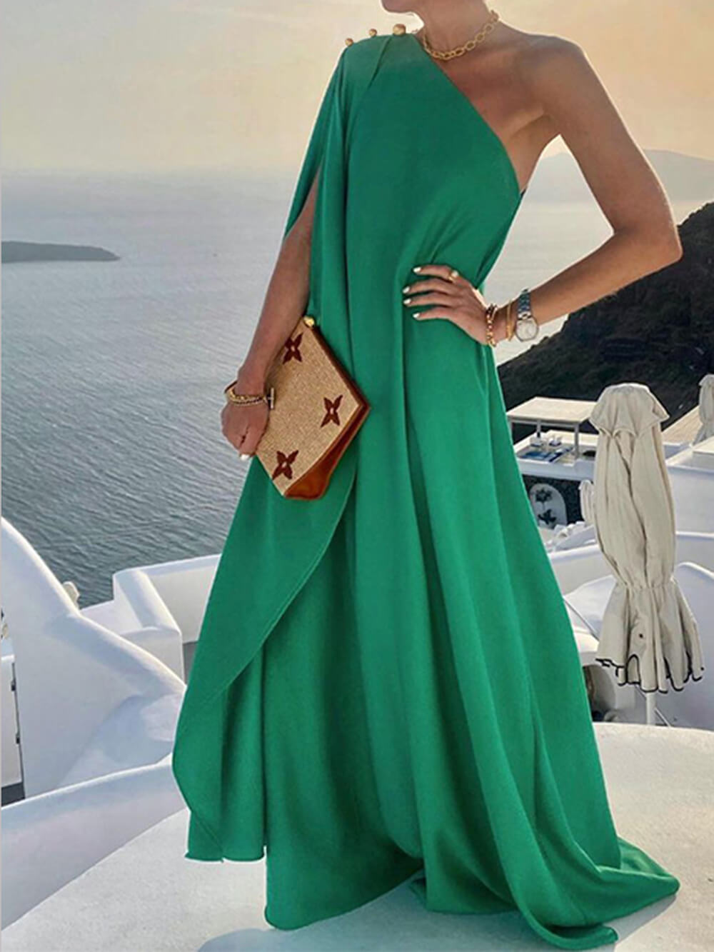 Fashionable Color Loose One Shoulder Maxi Dress
