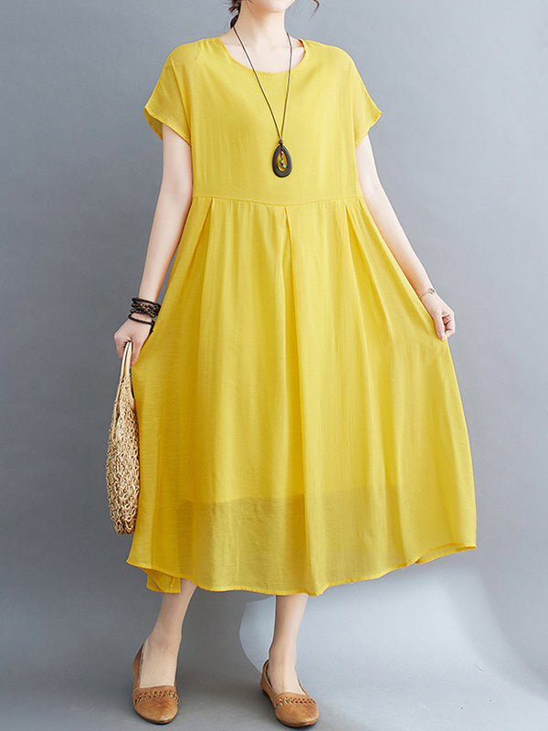 Loose Short Sleeves Color Split-joint Round-neck Midi Dresses