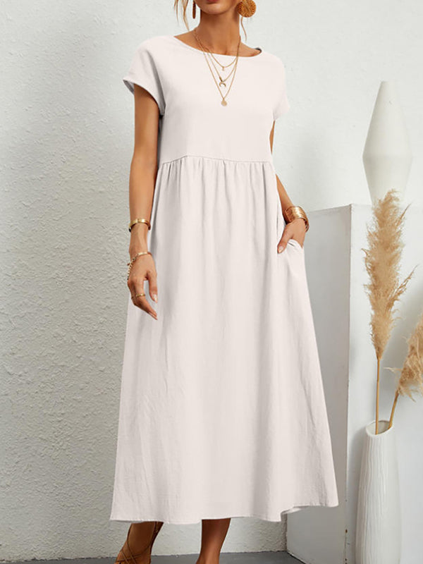 Loose Short Sleeves Pleated Color Round-neck Midi Dresses