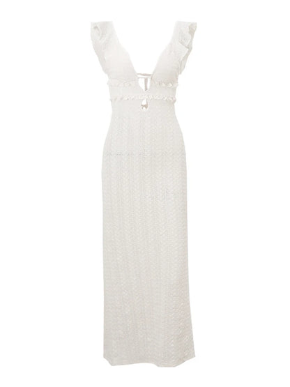 V-neck Knitted Hollow Long Dress for Hip Wrap Sleeveless Evening Party Maxi Knitwear Dress