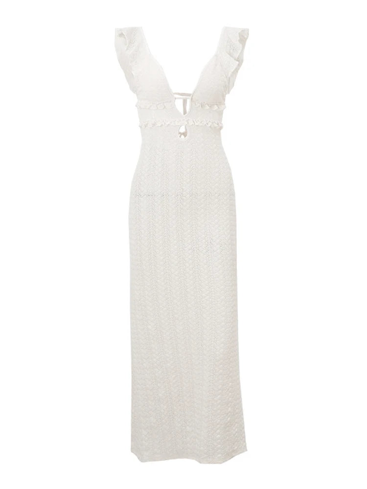 V-neck Knitted Hollow Long Dress for Hip Wrap Sleeveless Evening Party Maxi Knitwear Dress