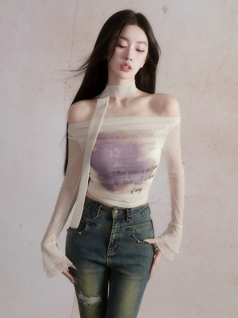 Ethereal Off-shoulder Crop Top - Sheer Long Bell Sleeve Blouse With Ribbon Tie and Watercolor Print