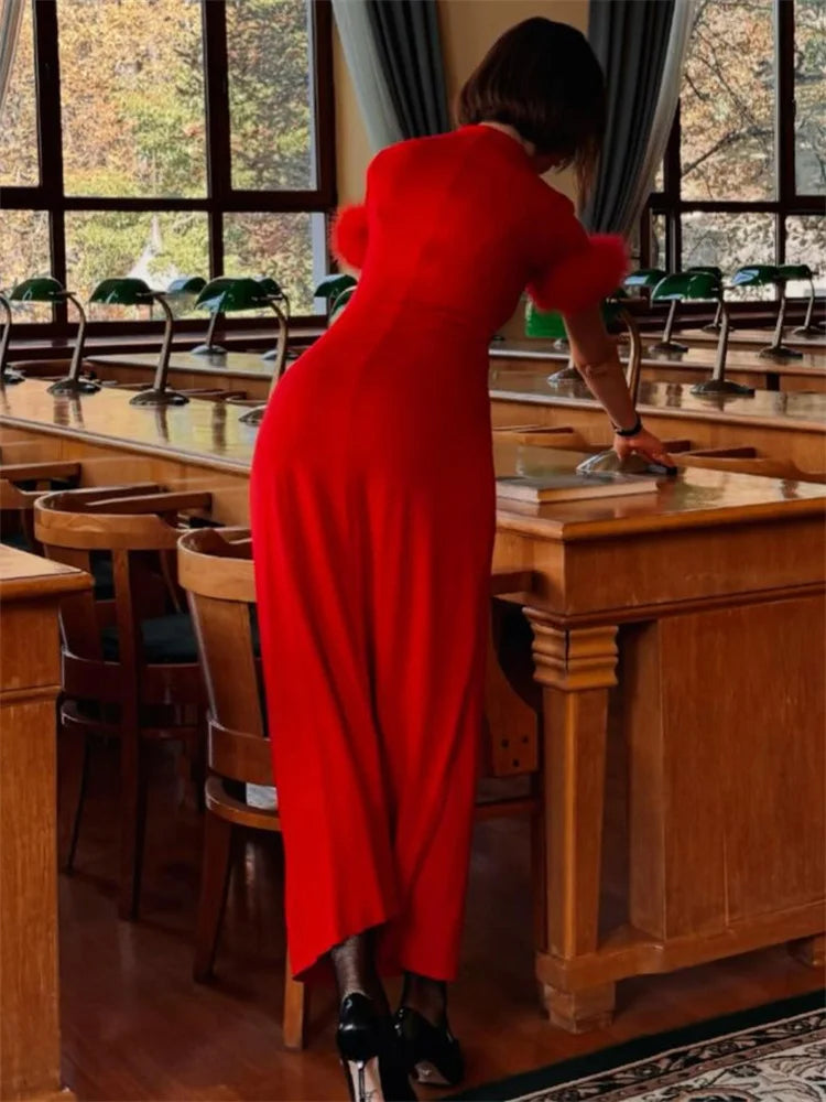 Female Fur Feather Maxi Dress Short Sleeve Autumn High Waist Slim Bodycon Dress Patchwork Long Dress