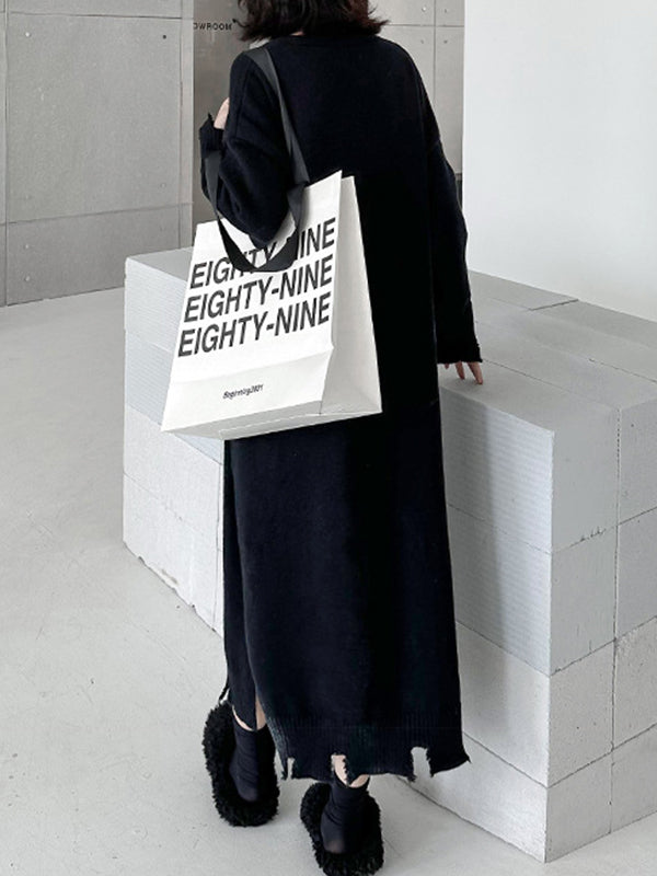 Long Sleeves Loose Split-joint Split-side V-neck Midi Dresses Sweater Dresses