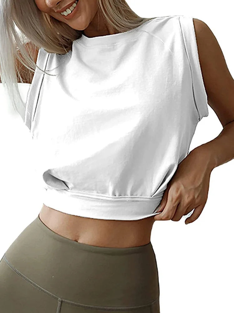 Crop Top Cotton Shirts for Sleeveless Yoga Tops Running Gym Workout Shirts Fitness Loose Female T-shirt